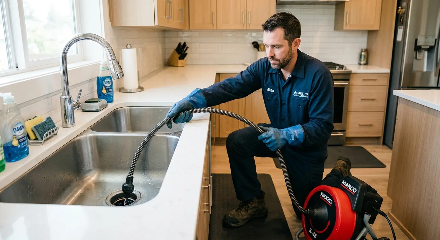 Drain cleaning technician using a motorized snake on a kitchen sink in Lindenhurst