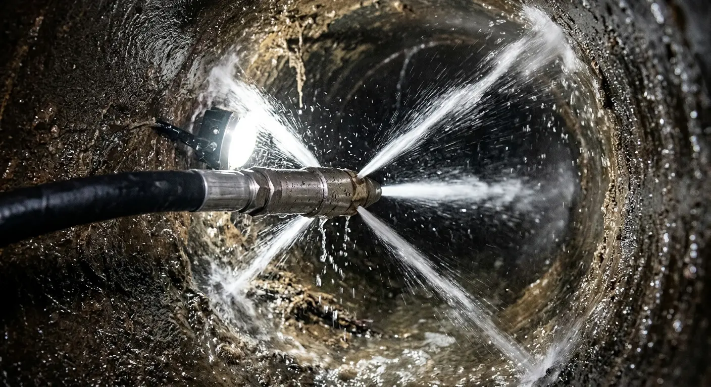 High-pressure hydro jetting nozzle cleaning sewer pipe for Storm Drain Cleaning in Lindenhurst